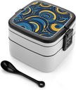 Blue And Yellow Pattern Bento Box for Adults Double Layer Lunch Box with Spoon And Invisible Handle Microwave Dishwasher Safe Leak Proof Meal Prep Lunch Containers for Office Picnic