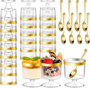 DI QIU REN 120 Pcs 5oz Dessert Cups with Gold Rim and Golden Spoon, Plastic Dessert Parfait Cup Clear Appetizer Pudding Cup, Round Serving Goblet Cups Shot Glasse (Round Goblet with Gold Rim-60Pack)