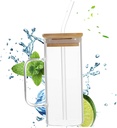Glass Cups With Lids and Straws, 400ml Square Iced Coffee Cups with Lids, Heat Resistant Drinking Glasses, Glass Tumbler with Straw and Lid for Soda Boba Tea Cocktail(Clear)