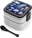 Adult Double-Layer Bento Box Aquatic Sea Animal Portable Lunch Box with Spoon And Invisible Handle Leakproof Microwave-Safe Food Container for Work Travel Camping