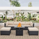 7 Pieces Outdoor PE Wicker Furniture Set Patio Rattan Sectional Conversation Sofa Set with Khaki Cushions and Fire Pit Table