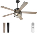 52 Inch Farmhouse Ceiling Fan with Light (Remote control to control fan speed) Black Industrial Caged with 5 Speed Reversible Motor and Dual Finish 5 Blades, Rustic Ceiling Fan for Living room