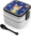 Cat Looking at Stars Bento Box Leak-Proof Double Layered Lunch Containers with Spoons And Invisible Handle, Portable Lunch Boxes for Work Picnic Travel