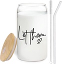 Let Them Inspirational Glass Cup with Lids and Straws 14oz, Encouragement Gifts for Women Men, Self Love Gifts, Self Care Affirmation Glass Coffee Tumbler Drinking Jars with Cleaning Brush