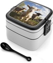 Cute Goat Bento Box Double-Layer Bento Lunch Container with Spoon And Invisible Handle Adult Leak-Proof Lunchbox for Dining Out Work Picnics Travel