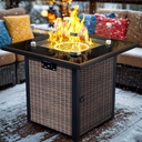 Propane Fire Pit Table, Outdoor Fire Pit Table, 28" Rattan Square Outdoor Gas FirePit with Glass Wind Guard, Tempered Glass Tabletop, Lid, CSA Listed, 50,000 BTU, Outside Patio Deck & Garden, Brown