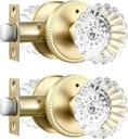 Leydebong 2 Pack Privacy Glass Door Knobs Interior, Crystal Door Knob with Lock Inside, Keyless Heavy Duty Door Lockset with Push Button Inside, Gold Glass Door Knob with Victorian Plate Rosettes