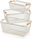 3 Pack Metal Mesh Baskets with Wood Handle, Iron Storage Organizer Basket, Cream White Wire Countertop Baskets for Organizing, Cabinet Pantry Closet Bedroom Kitchen(3 Size)