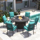 Kurapika 7 Piece Metal Outdoor Patio Furniture Set with 48" Round Fire Pit Table, Patio Conversation Sets 6 Fixed Chairs with Thick Cushion and 40000 BTU Propane Fire Pit Table, Blue