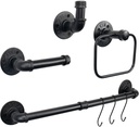 4-Pieces Industrial Pipe Bathroom Towel Ring Kit DIY Wall Mount Accessories Kit Includes Robe Hook Towel Bar and Towel Ring (24 inch)