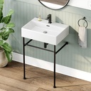 HOROW 24" x 17" Console Bathroom Sink with Stainless Steel Support Pedestal Legs, Free Standing Vanity Basin, Wall-Mount Modern Rectangular Ceramic Sink Porcelain, Matte Black