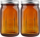 2 Pack Mason Jars 32 oz, Amber Wide Mouth Canning Jars with Airtight Lids, Glass Pint Jars with Bands Labels Brush, Large Storage Quart Jars for Jam Fermenting Preserving
