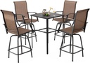 NUU GARDEN 5 Piece Outdoor Swivel Bar Set, All Weather Patio High Bar Stool Bistro Set with Textilene Height Back Bar Chairs and Slatted Metal Bar Table with Umbrella Hole, Black and Brown