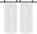 56 in. x 80 in. 1 Panel Shaker Hollow Core White Composite Double Bi-Fold Door with Barn Door Hardware Kit