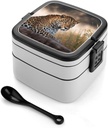African Animal Leopard Bento Box Double-Layer Bento Lunch Container with Spoon And Invisible Handle Adult Leak-Proof Lunchbox for Dining Out Work Picnics Travel