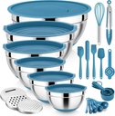 E-far 25PCS Mixing Bowls with Lid Set, Stainless Steel Nesting Prep Bowls with Grater Attachments Non-Slip Bottoms for Cooking, Baking, Serving, Food Storage, 4.6/2.6/2/1.5/1/0.7QT - Blue