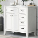 DlandHome 36”Bathroom Vanity with Sink,Freestanding Vanity Cabinet with Black Handles,Soft Closing Doors & Drawers, Modern Bath Vanity with Ceramic Porcelain Basin,Faucet Not Included,White