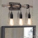 3 Lights Vintage Wall Sconce, Farmhouse Industrial Bare Bulb Wire Wrapped Wood Beam Linear Bathroom Vanity Light