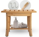 Bamboo Shower Stool Bench Waterproof with Storage Shelf, Includes 2 metal hanging hooks, 1 foot brush. Perfect for Shaving Legs or Spa Bath Seat in Bathroom & Inside Shower for Adults Seniors