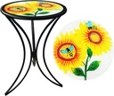 J-Fly 12 Inch Outdoor Side Table, Round Patio Accent Indoor End Table with Glass Top & Metal Base for Living Room, Office, Balcony, Bee Sunflower Indoor Furniture Decor(20" Height)