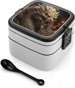 Golden Dragon on Red Background Bento Box Adult Lunch Box All-in-One Lunch Containers with Removable Compartments Double Layer Bento Lunch Box with Spoon And Handle Stackable Lunchbox