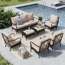 MFSTUDIO 7 PCS Outdoor Patio Furniture Set, Metal Outdoor Conversation Set, Rattan Wicker Patio Sectional with 2 x Fixed and Rocking Single Sofa, 3-Seat Sofa, 2 x Ottoman, Beige