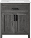 Ella Grey Brown Wood 30-Inch Single Bathroom Vanity with Sink, Double Shaker Door Cabinet, Tilt Out Drawer, Matte Black Handles, Pre-Drilled Marbled White Stone Top, Freestanding, Fully Assembled