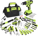 FASTPRO 232-Piece 20V Cordless Lithium-Ion Drill Driver & Home Tool Set, Household Repairing Tool Kit with Drill, 12-Inch Wide Mouth Storage Tool Bag, Green