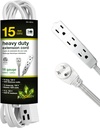 Go Green Power Inc. 15ft Extension Cord with 3 Outlets, White - Compact, Flush-Fit Design, Heavy Duty, Grounded Plug - Ideal for Home & Small Appliances - GG-19615