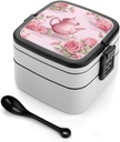 Peach Rose Tea Bento Box with Compartments Double Layer Bento Lunch Box with Spoon And Handle All-in-One Adult Lunchbox Leakproof Lunch Container for Work Picnic Travel
