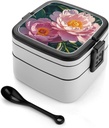 Peony Flowers Blossom Print Bento Box with Spoon, 2-layer Stackable Lunch Box Leak Proof with Invisible Handle, Insulated Food Storage for Office, Picnic & Travel