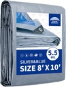 RAINDEWAY Tarps 8x10 Feet, 5.5 Mil - Multipurpose Waterproof Poly Tarp Cover with Metal Grommets and Reinforced Edges, Silver/Blue Tarp