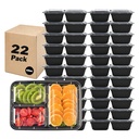 22 Pack Meal Prep Containers, 43OZ Bento Box, 3 Compartment Divided Food Storage Containers Durable Stackable Reusable, For Microwave/Dishwasher/Freezer（22 Trays & 22 Lids）