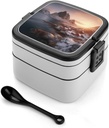 Sunrise Over Hamnoy Bento Box with Spoon, 2-layer Stackable Lunch Box Leak Proof with Invisible Handle, Insulated Food Storage for Office, Picnic & Travel