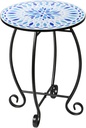 14" Outdoor Side Table, Scrollwork Accent Round End Table, Unique Relief Ceramic Tile Tabletop with Metal Frame, Coffee Tea Table Nightstand for Living Room, Bedroom