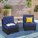 2 Piece Pre-Assembled Outdoor Patio Furniture with Thicken Cushion Covers, Rattan Wicker Sofa Set, Seating Conversation Set for Garden Backyard Porch Poolside, Waterproof & Washable, Navy Blue