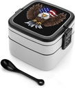 Bento Box Stackable Lunch Box with 2 Compartments Leak-Proof Food Storage Containers USA Flag Patriotic Eagle Bento Lunch Box for Adults Lunch Containers with Utensil Set, Black