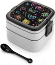 Y2k Skull Sun Stars Butterflies Hearts Lunch Box with Handle Stackable 2 Layer Leak-Proof Bento Box Portable Food Containers for Unisex