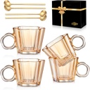 Vintage Glass Coffee Mugs Set of 4, 11oz Creative Flower Glass Coffee Cups with Spoons - Cute Tea Cups with Handle, Art Glassware, Unique Birthday Gifts