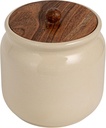 Creative Co-Op Stoneware Canister with Acacia Wood Lid, Ivory Color and Natural