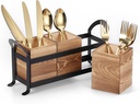 BSTKEY Wooden Utensil Caddy, Farmhouse Kitchen Silverware Holder with 3 Compartment, Flatware Organizer with Black Portable Metal Tray, Utensil Cutlery Organizer for Forks Spoons Knives, Wood