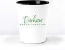 Durham NC Ceramic 1.5 Ounce Souvenir Shot Glass - White With Black Interior - Bachelor & Bachelorette Party Favors - Bridesmaid & Groomsmen Present - North Carolina Home Town Decoration