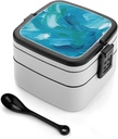 Blue Oil Paint Texture Bento Box Adult Lunch Box All-in-One Lunch Containers with Removable Compartments Double Layer Bento Lunch Box with Spoon And Handle Stackable Lunchbox