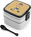 Football Bento Box Leak-Proof Double Layered Lunch Containers with Spoons And Invisible Handle, Portable Lunch Boxes for Work Picnic Travel