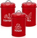 P&P CHEF Canisters Set of 3, Metal Kitchen Canister with Lid Set for Sugar Tea Coffee, Food Storage Jars, Vintage Containers for Candy, Cookie or Beans, 4” x 6.89”, (5 Cups), Red