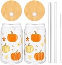 Whaline 2 Pack Fall Drinking Glasses 16oz Pumpkin Flower Star Glass Cup Orange Apricot Pumpkin Iced Coffee Cup with Lid Straw for Autumn Thanksgiving Cocktail Whiskey Beer Soda