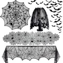 5Pack Halloween Decorations Indoor Halloween Spider Web Tablecloth Table Runners Fireplace Mantel Scarf Cobweb Lampshade Scary 3D Bats for Halloween Spooky Home Decor