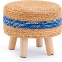 Handwoven Round Ottoman, Natural Water Hyacinth Outdoor Patio Pouf Seagrass Low Stool with Wood Legs, Soft Padded Footrest for Living Room Bedroom Garden, Blue