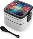 Abstract Oil Painting Bento Box Adult Lunch Box All-in-One Lunch Containers with Removable Compartments Double Layer Bento Lunch Box with Spoon And Handle Stackable Lunchbox