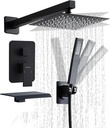 12 inch Matte Black Shower System with Tub Spout, Shower Faucet Set with Rain Shower Head and Handheld 3-Setting, Waterfall Bathtub Spout Rainfall Shower Combo Set for Bathroom Wall Mounted